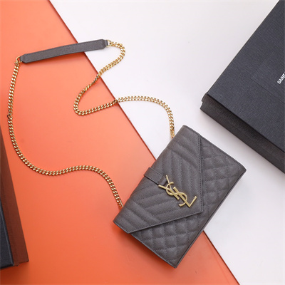 Y.S.L ENVELOPE SMALL IN QUILTED GRAIN DE POUDRE EMBOSSED LEATHER Gold Tone Metal Dk Grey Color