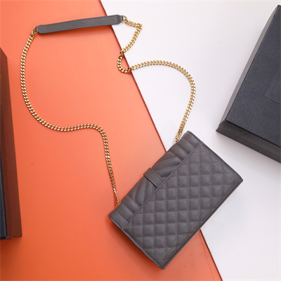 Y.S.L ENVELOPE SMALL IN QUILTED GRAIN DE POUDRE EMBOSSED LEATHER Gold Tone Metal Dk Grey Color