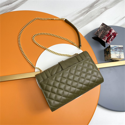 Y.S.L ENVELOPE SMALL IN QUILTED GRAIN DE POUDRE EMBOSSED LEATHER Gold Tone Metal Dk Green Color
