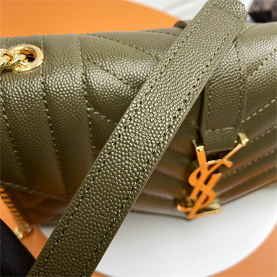Y.S.L ENVELOPE SMALL IN QUILTED GRAIN DE POUDRE EMBOSSED LEATHER Gold Tone Metal Dk Green Color