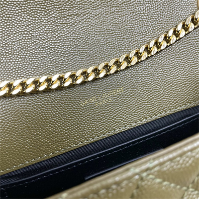 Y.S.L ENVELOPE SMALL IN QUILTED GRAIN DE POUDRE EMBOSSED LEATHER Gold Tone Metal Dk Green Color