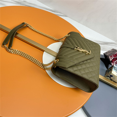 Y.S.L ENVELOPE MEDIUM IN QUILTED GRAIN DE POUDRE EMBOSSED LEATHER Gold Tone Metal Dk Green Color