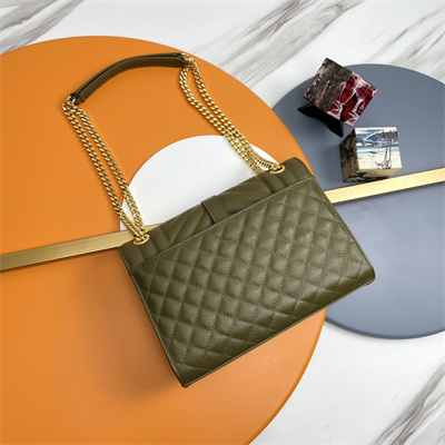 Y.S.L ENVELOPE MEDIUM IN QUILTED GRAIN DE POUDRE EMBOSSED LEATHER Gold Tone Metal Dk Green Color
