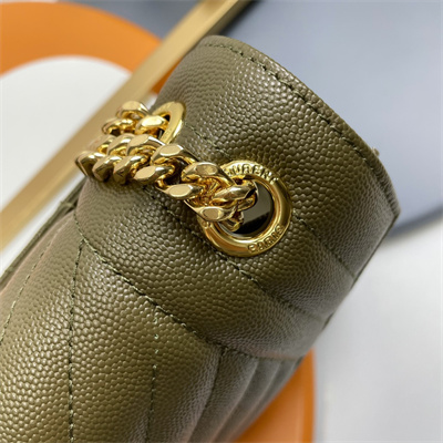 Y.S.L ENVELOPE MEDIUM IN QUILTED GRAIN DE POUDRE EMBOSSED LEATHER Gold Tone Metal Dk Green Color