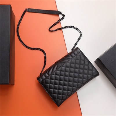 Y.S.L ENVELOPE MEDIUM IN QUILTED GRAIN DE POUDRE EMBOSSED LEATHER Black Tone Metal Black Color