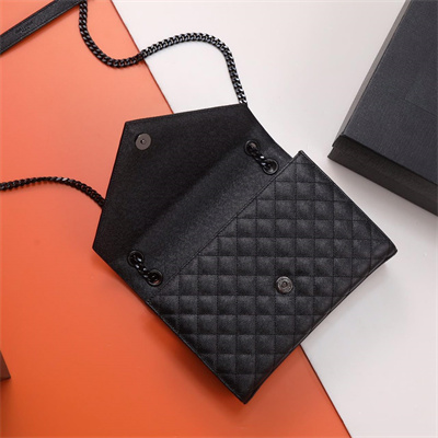Y.S.L ENVELOPE MEDIUM IN QUILTED GRAIN DE POUDRE EMBOSSED LEATHER Black Tone Metal Black Color