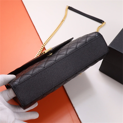 Y.S.L ENVELOPE MEDIUM IN QUILTED GRAIN DE POUDRE EMBOSSED LEATHER Gold Tone Metal Black Color