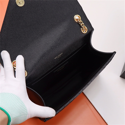 Y.S.L ENVELOPE MEDIUM IN QUILTED GRAIN DE POUDRE EMBOSSED LEATHER Gold Tone Metal Black Color