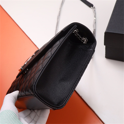 Y.S.L ENVELOPE MEDIUM IN QUILTED GRAIN DE POUDRE EMBOSSED LEATHER Silver Tone Metal Black Color