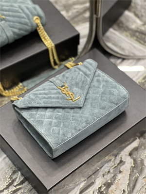 Y.S.L ENVELOPE MEDIUM IN QUILTED SUEDE Gold Tone Metal Grey Blue Color