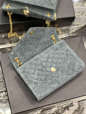 Y.S.L ENVELOPE MEDIUM IN QUILTED SUEDE Gold Tone Metal Grey Blue Color