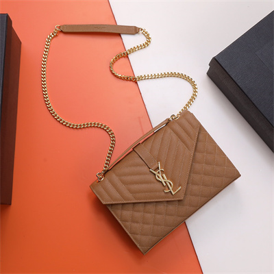 Y.S.L ENVELOPE MEDIUM IN QUILTED GRAIN DE POUDRE EMBOSSED LEATHER Gold Tone Metal Caramel Color
