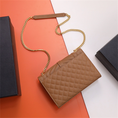 Y.S.L ENVELOPE MEDIUM IN QUILTED GRAIN DE POUDRE EMBOSSED LEATHER Gold Tone Metal Caramel Color