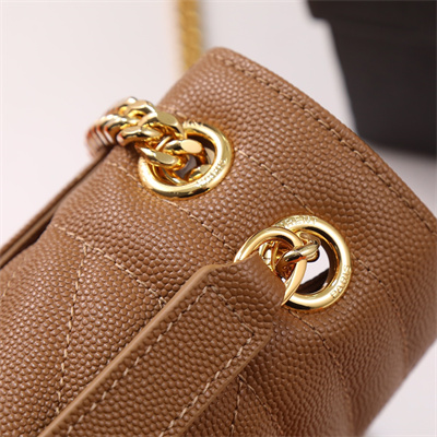 Y.S.L ENVELOPE MEDIUM IN QUILTED GRAIN DE POUDRE EMBOSSED LEATHER Gold Tone Metal Caramel Color