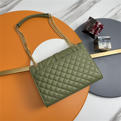 Y.S.L ENVELOPE MEDIUM IN QUILTED GRAIN DE POUDRE EMBOSSED LEATHER Gold Tone Metal Green Color