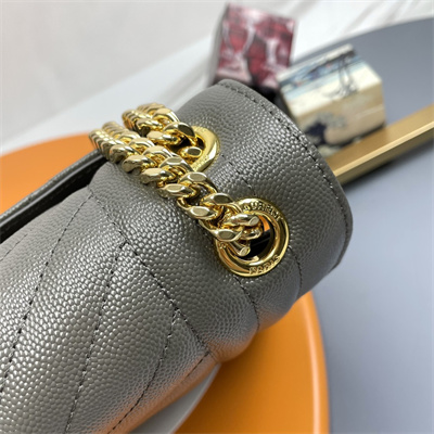 Y.S.L ENVELOPE MEDIUM IN QUILTED GRAIN DE POUDRE EMBOSSED LEATHER Gold Tone Metal Dk Grey Color