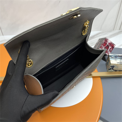 Y.S.L ENVELOPE MEDIUM IN QUILTED GRAIN DE POUDRE EMBOSSED LEATHER Gold Tone Metal Dk Grey Color