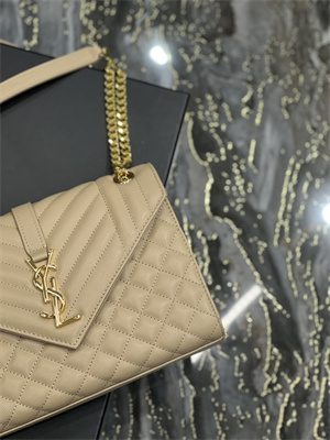 Y.S.L ENVELOPE MEDIUM IN QUILTED GRAIN DE POUDRE EMBOSSED LEATHER Gold Tone Metal Beige Color