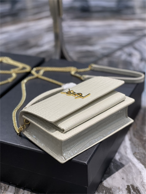 Y.S.L Sunset Chain Wallet In Crocodile Embossed Leather Gold Tone Metal White Color