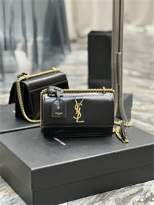 Y.S.L Sunset Small Bag In Smooth Leather Gold Tone Metal Black Color