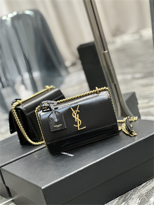 Y.S.L Sunset Small Bag In Smooth Leather Gold Tone Metal Black Color