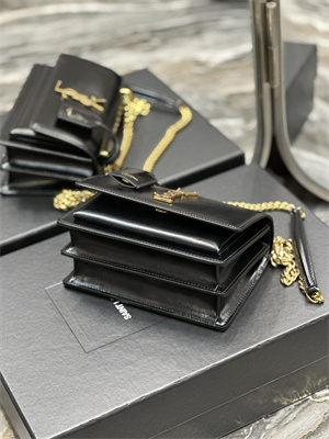 Y.S.L Sunset Small Bag In Smooth Leather Gold Tone Metal Black Color