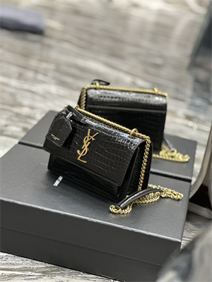 Y.S.L Sunset Small Bag In Crocodile Embossed Leather Gold Tone Metal Black Color