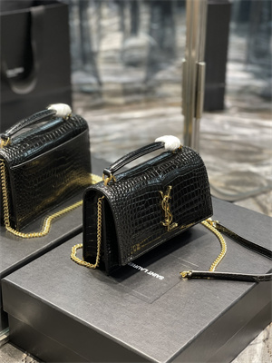 Y.S.L Sunset Chain Wallet In Crocodile Embossed Leather Gold Tone Metal Black Color