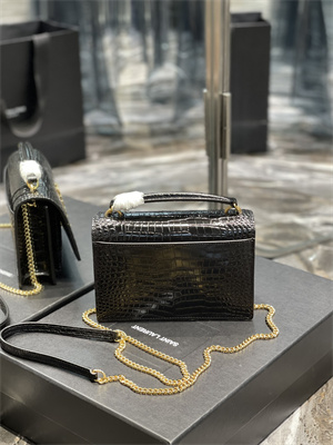 Y.S.L Sunset Chain Wallet In Crocodile Embossed Leather Gold Tone Metal Black Color