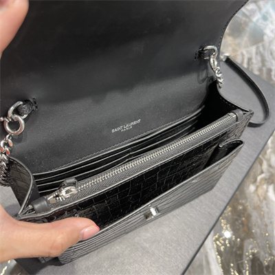 Y.S.L Sunset Chain Wallet In Crocodile Embossed Leather Silver Tone Metal Black Color
