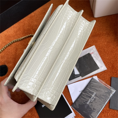 Y.S.L Sunset MEDIUM Bag In Crocodile Embossed Leather Gold Tone Metal White Color