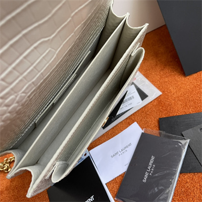 Y.S.L Sunset MEDIUM Bag In Crocodile Embossed Leather Gold Tone Metal White Color