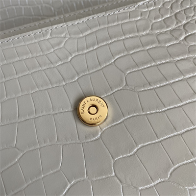 Y.S.L Sunset MEDIUM Bag In Crocodile Embossed Leather Gold Tone Metal White Color