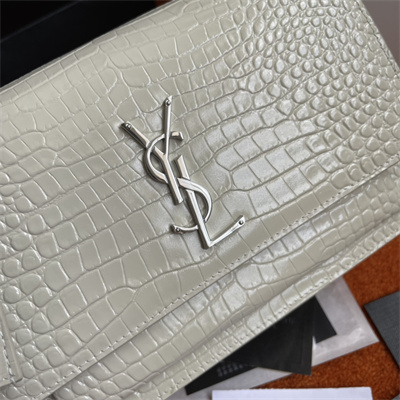 Y.S.L Sunset MEDIUM Bag In Crocodile Embossed Leather Silver Tone Metal White Color