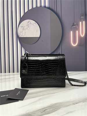 Y.S.L Sunset MEDIUM Bag In Crocodile Embossed Leather Black Tone Metal Black Color