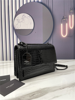 Y.S.L Sunset MEDIUM Bag In Crocodile Embossed Leather Black Tone Metal Black Color