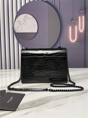 Y.S.L Sunset MEDIUM Bag In Crocodile Embossed Leather Black Tone Metal Black Color
