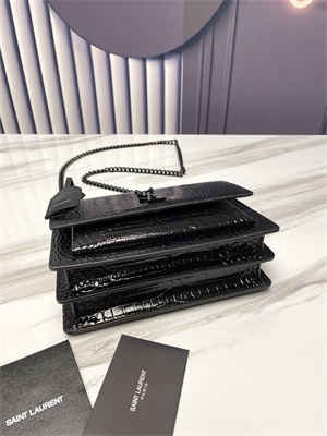 Y.S.L Sunset MEDIUM Bag In Crocodile Embossed Leather Black Tone Metal Black Color