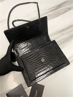Y.S.L Sunset MEDIUM Bag In Crocodile Embossed Leather Black Tone Metal Black Color