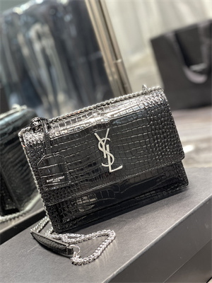 Y.S.L Sunset MEDIUM Bag In Crocodile Embossed Leather Silver Tone Metal Black Color