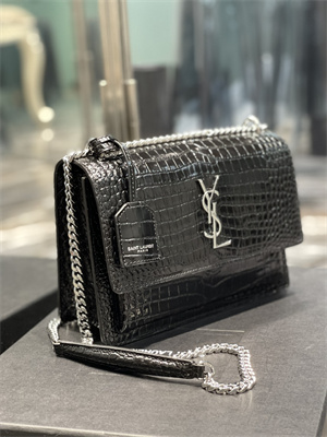 Y.S.L Sunset MEDIUM Bag In Crocodile Embossed Leather Silver Tone Metal Black Color