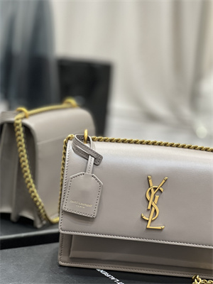 Y.S.L Sunset MEDIUM Bag In Smooth Leather Gold Tone Metal Grey Color