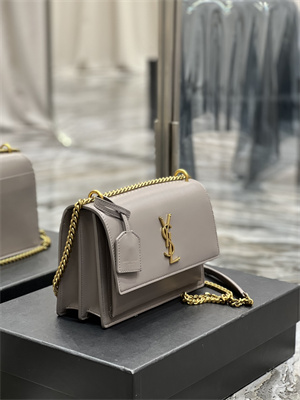 Y.S.L Sunset MEDIUM Bag In Smooth Leather Gold Tone Metal Grey Color