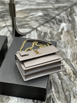 Y.S.L Sunset MEDIUM Bag In Smooth Leather Gold Tone Metal Grey Color