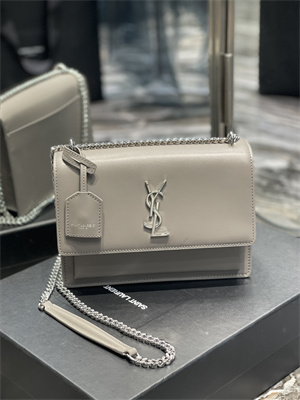 Y.S.L Sunset MEDIUM Bag In Smooth Leather Silver Tone Metal Grey Color