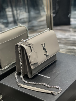 Y.S.L Sunset MEDIUM Bag In Smooth Leather Silver Tone Metal Grey Color