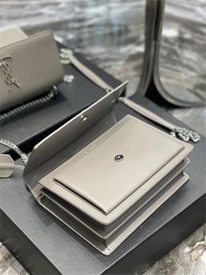 Y.S.L Sunset MEDIUM Bag In Smooth Leather Silver Tone Metal Grey Color