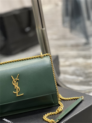 Y.S.L Sunset MEDIUM Bag In Smooth Leather Gold Tone Metal Green Color