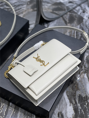 Y.S.L Sunset Top Handle Bag In Smooth Leather Gold Tone Metal White Color
