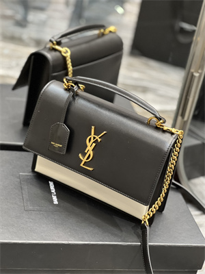 Y.S.L Sunset Top Handle Bag In Smooth Leather Gold Tone Metal Black/White Color